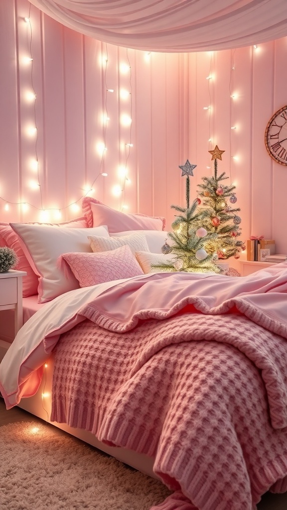 A cozy pink Christmas bedroom with fairy lights, pastel ornaments, and festive decor.